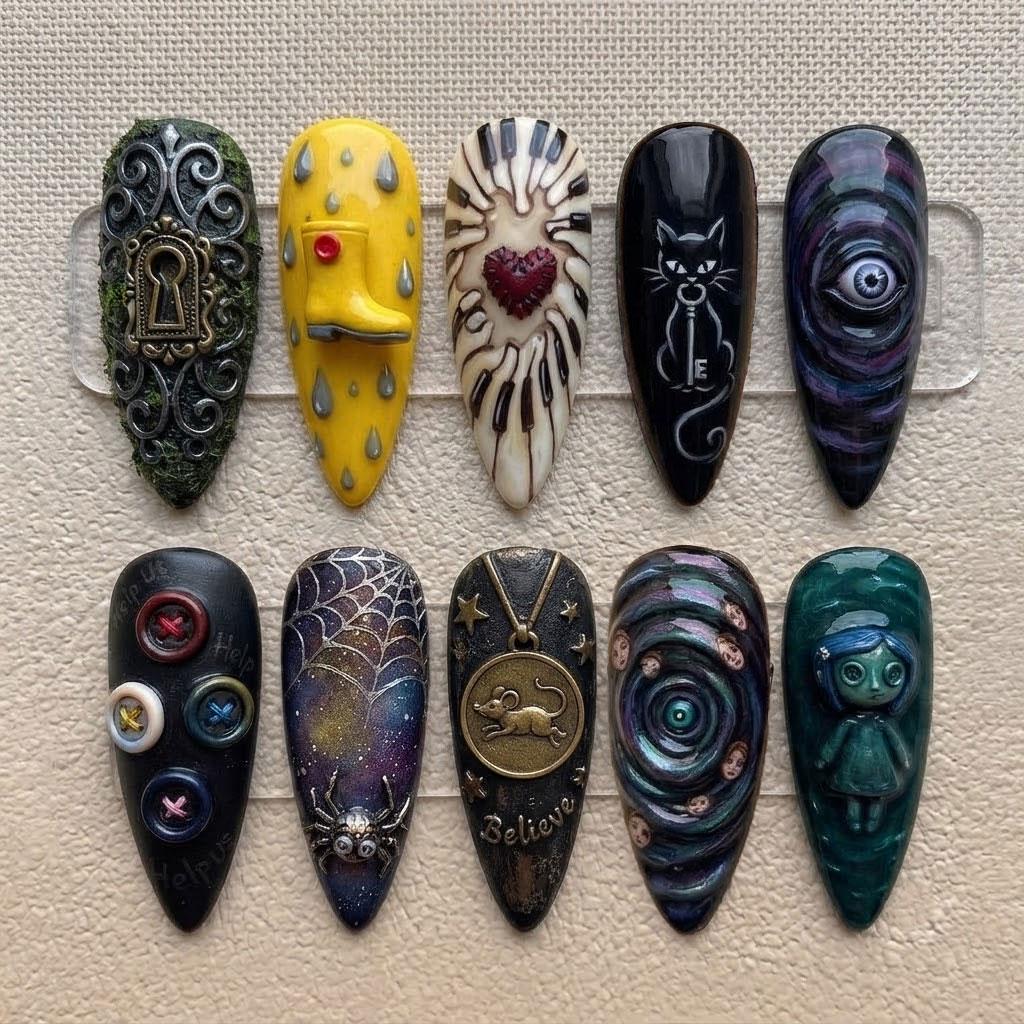 Gothic Halloween Nail Set With Cat, Spiderweb, Eyes and Anatomical Heart
