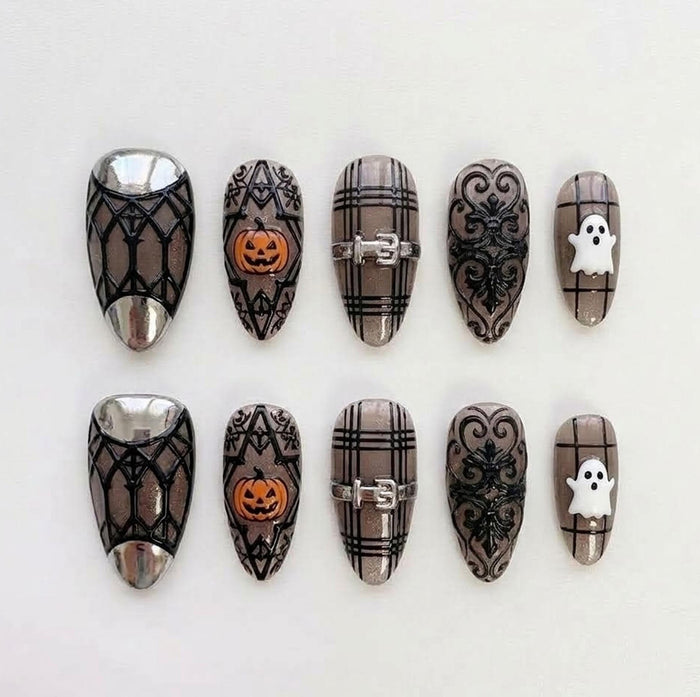 Gothic Halloween Press On Nail Set With Lace, Plaid, Ghosts, and Chrome Tips