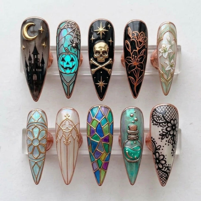 Gothic Halloween Press On Nail Set with Skull, Teal Pumpkin, Haunted Castle and Stained Glass Art