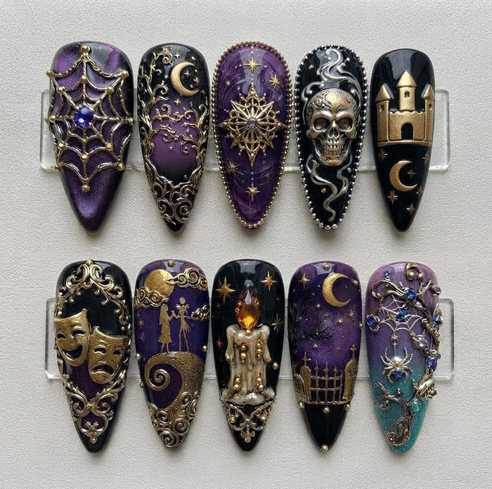 Gothic Halloween Press On Nails in Black and Purple With Gold Filigree, Skulls and Celestial Details