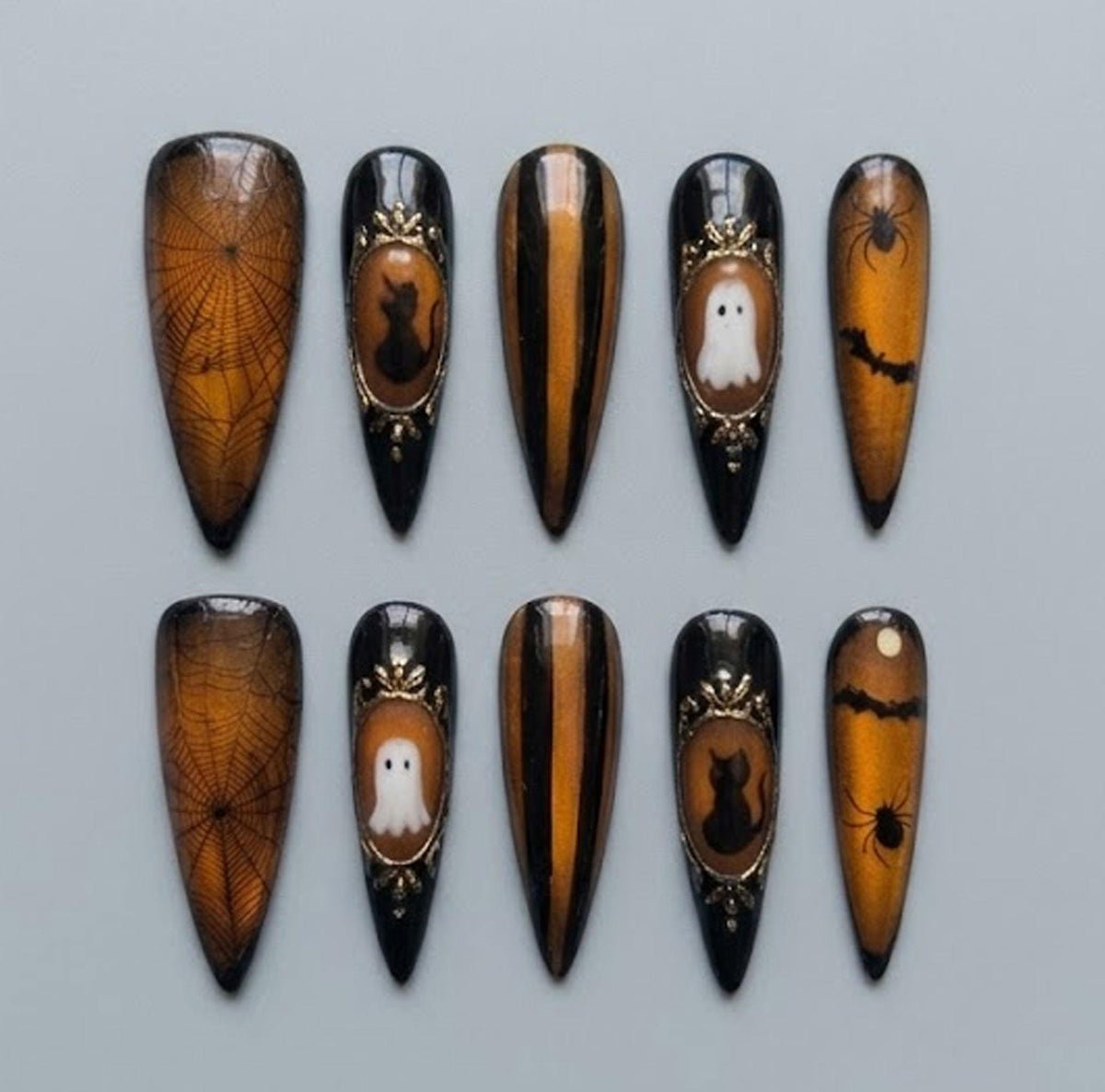 Gothic Halloween Nails With Amber Spiderwebs, Bats, Ghosts and Gold Frames