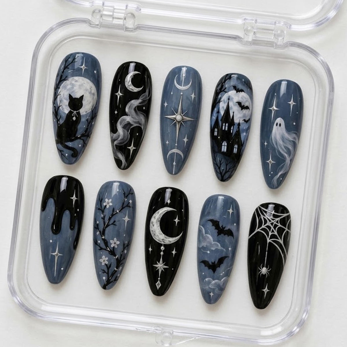 Gothic Halloween Nails with Black Cat, Haunted Castle, Ghosts and Moonlit Scenes