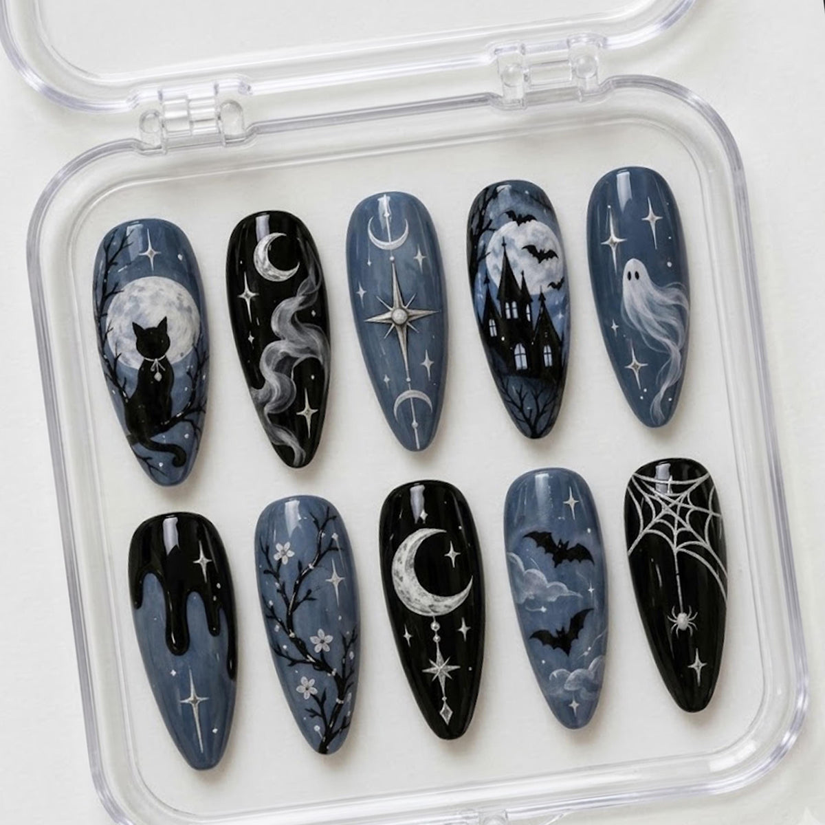 Gothic Halloween Nails with Black Cat, Haunted Castle, Ghosts and Moonlit Scenes