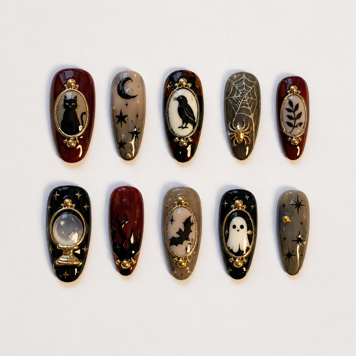 Gothic Halloween Nails With Cats, Bats, Ghosts, and Gold Details