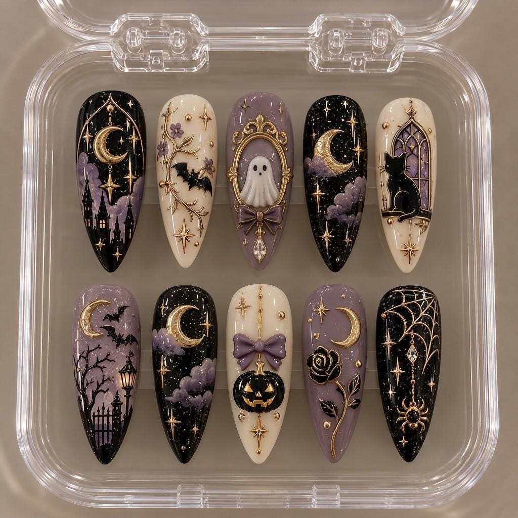 Gothic Halloween Nails With Ghost, Black Cat, Pumpkin and Gold Celestial Details