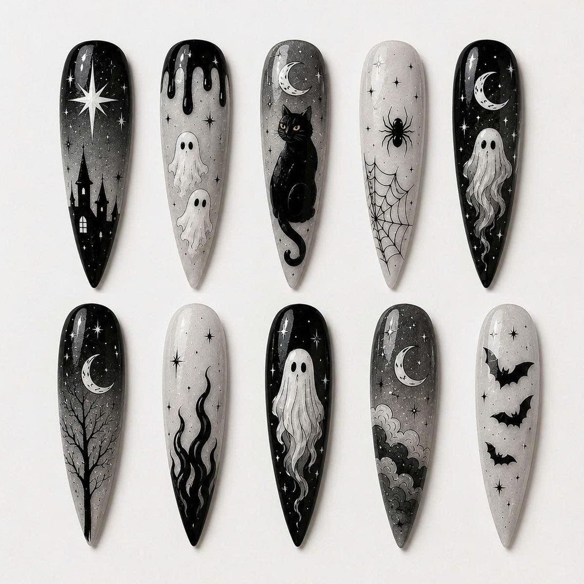 Gothic Halloween Nails With Ghosts, Black Cat, Moons and Spooky Night Details