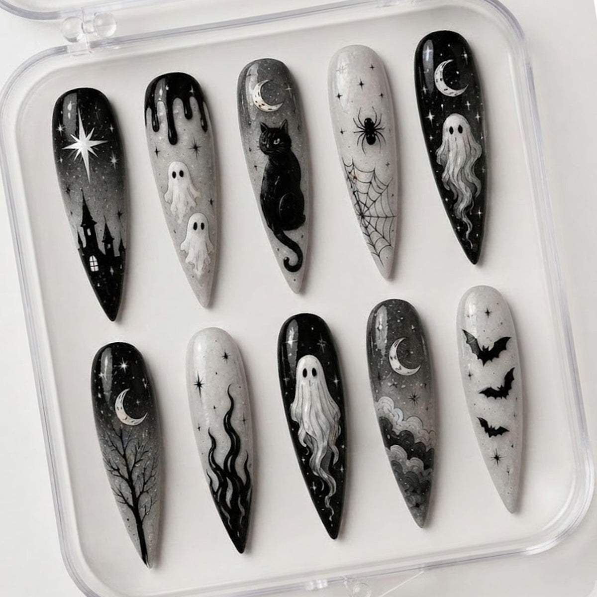 Gothic Halloween Nails With Ghosts, Black Cat, Moons and Spooky Night Details
