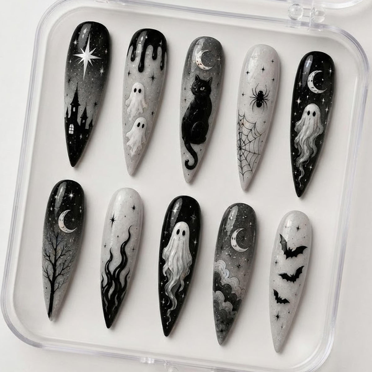 Gothic Halloween Nails With Ghosts, Black Cat, Moons and Spooky Night Details