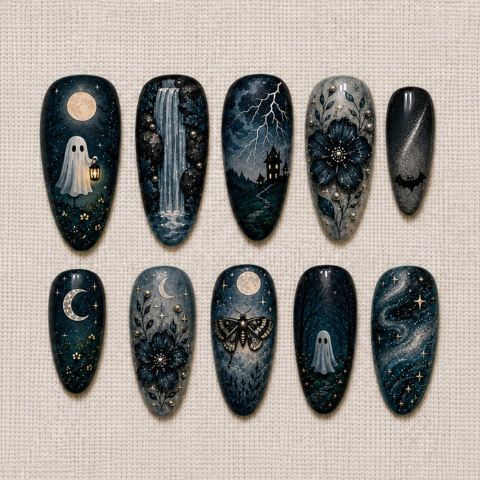 Gothic Halloween Press On Nails with Ghosts, Moons, Waterfall, Moth and Dark Flowers