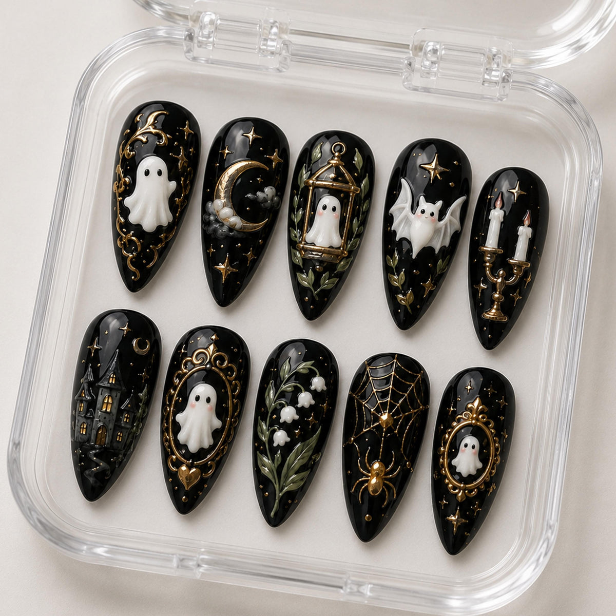 Gothic Halloween Nails with Ivory Ghosts, Gold Frames, Moons and Haunted House Details