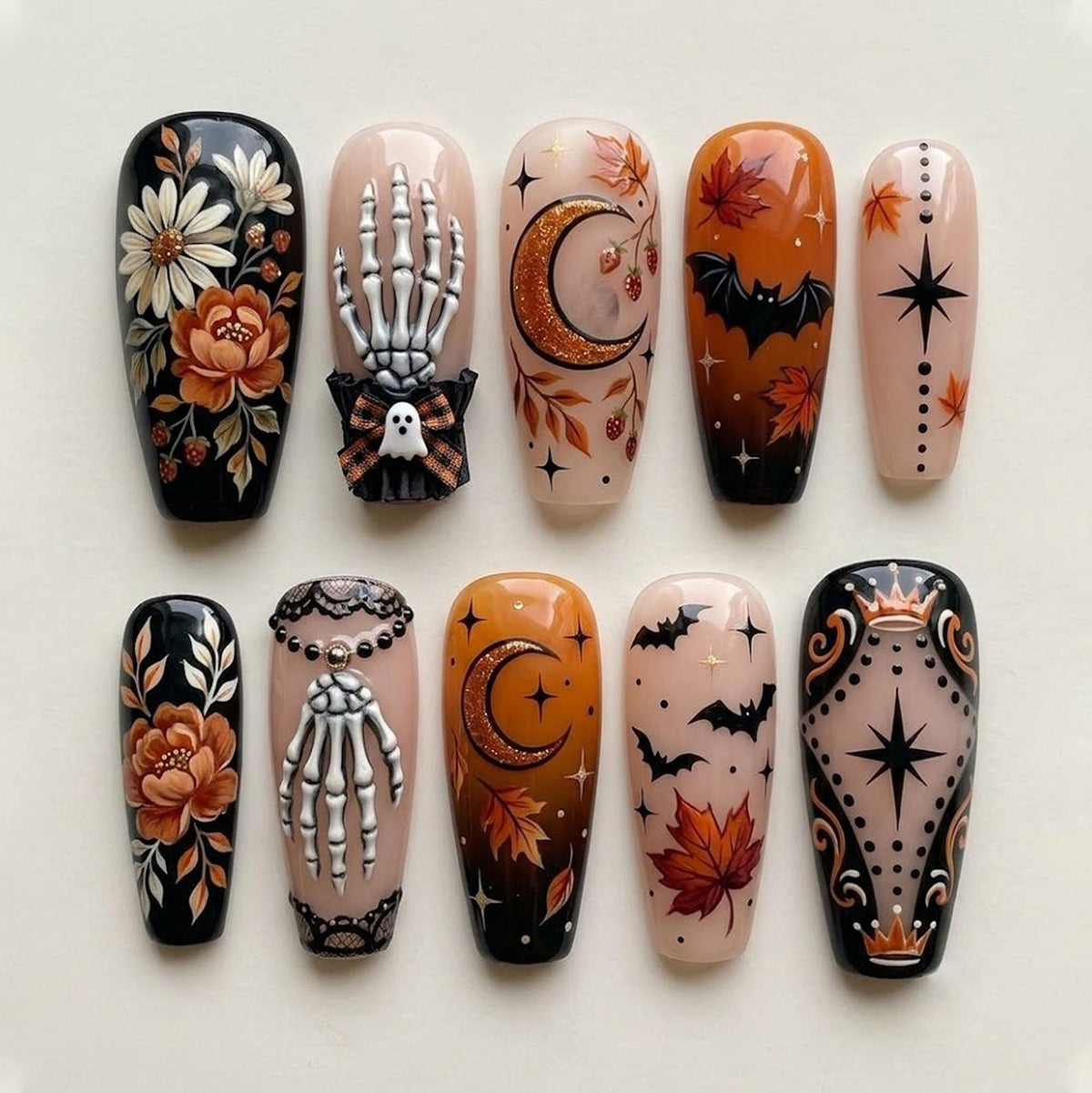 Gothic Halloween Nails with Skeleton Hands, Bats, Moons and Autumn Florals