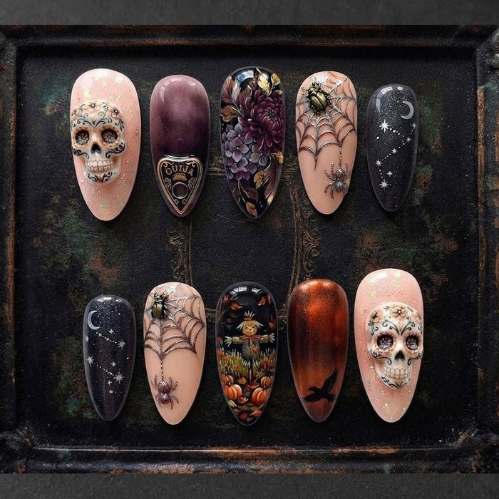 Gothic Halloween Press On Nails With Sugar Skulls, Spiderwebs, Moon and Star Art