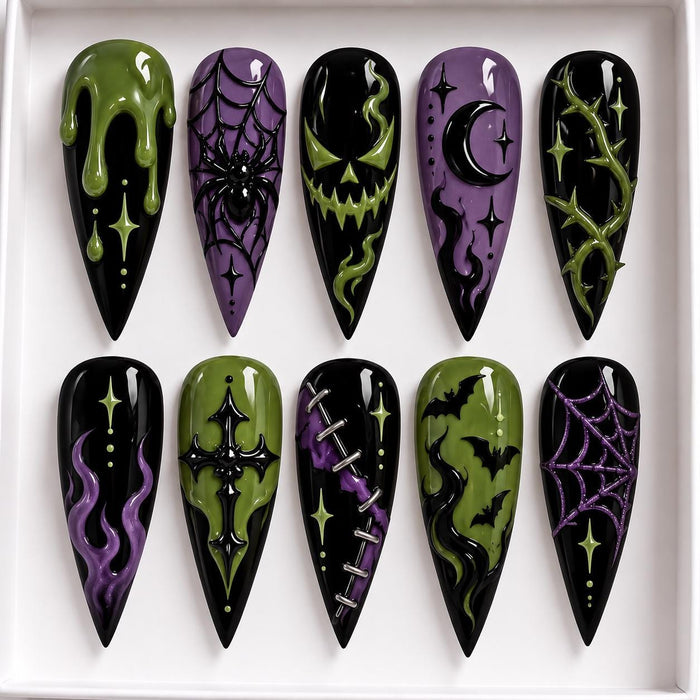 Gothic Halloween Press On Nails in Black, Purple, and Slime Green