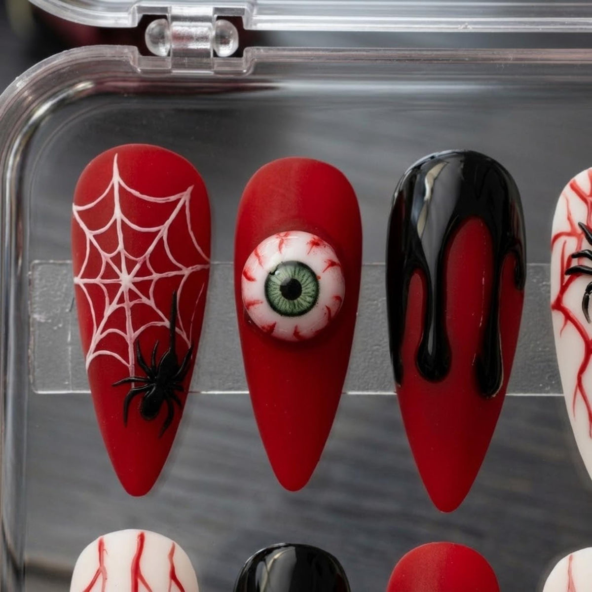 Gothic Halloween Press On Nails With 3D Eyeballs, Blood Drips, Spiders, and Webs