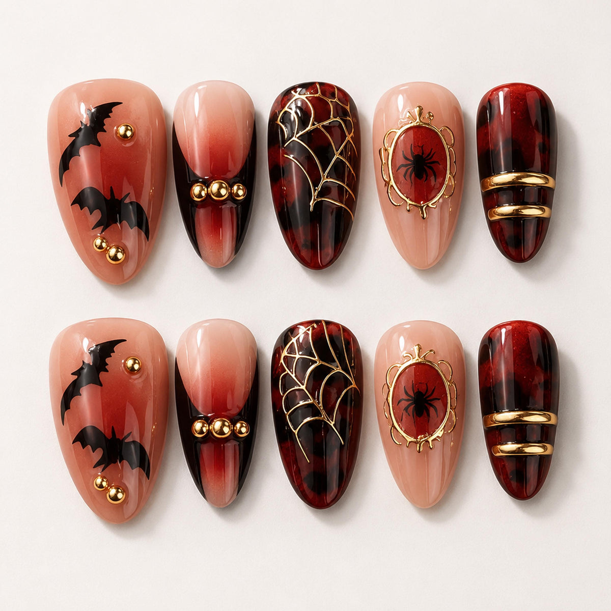 Gothic Halloween Press-On Nails with Bats, Spiders and Gold Webs