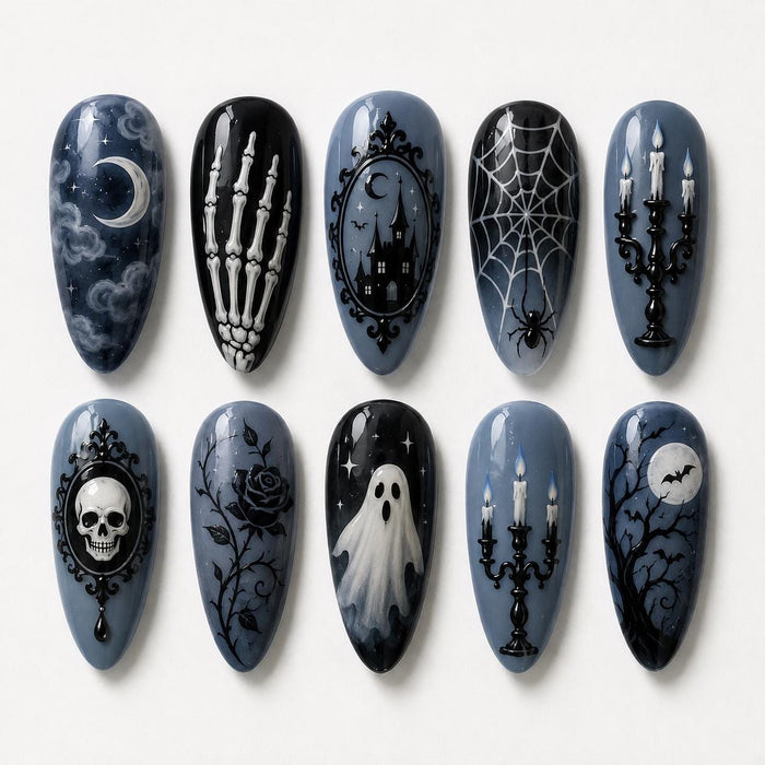Gothic Halloween Press On Nails With Ghost, Skull, Spiderweb, Castle & Moon Art