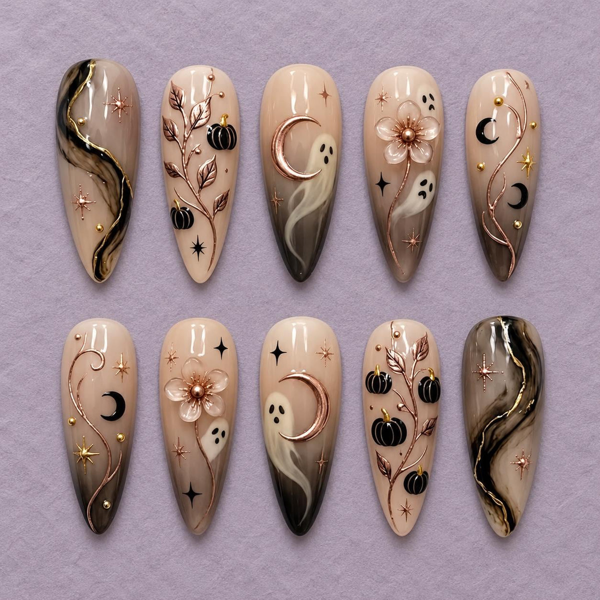 Gothic Halloween Press-On Nails with Ghosts, Black Pumpkins, Rose-Gold Vines and Raised Flowers