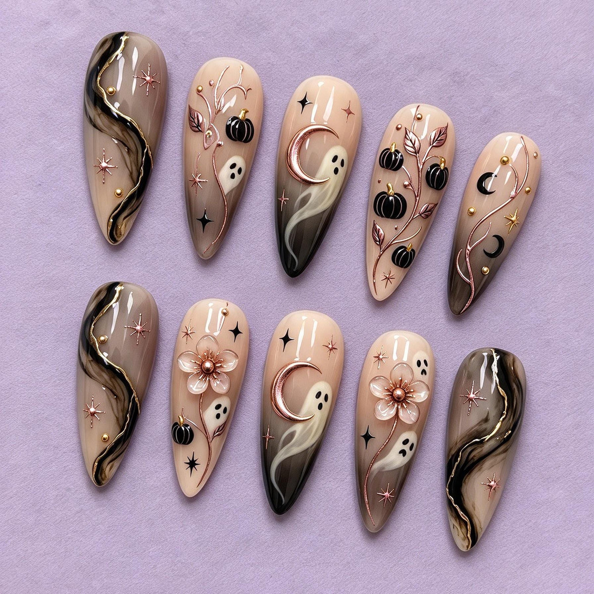 Gothic Halloween Press-On Nails with Ghosts, Black Pumpkins, Rose-Gold Vines and Raised Flowers