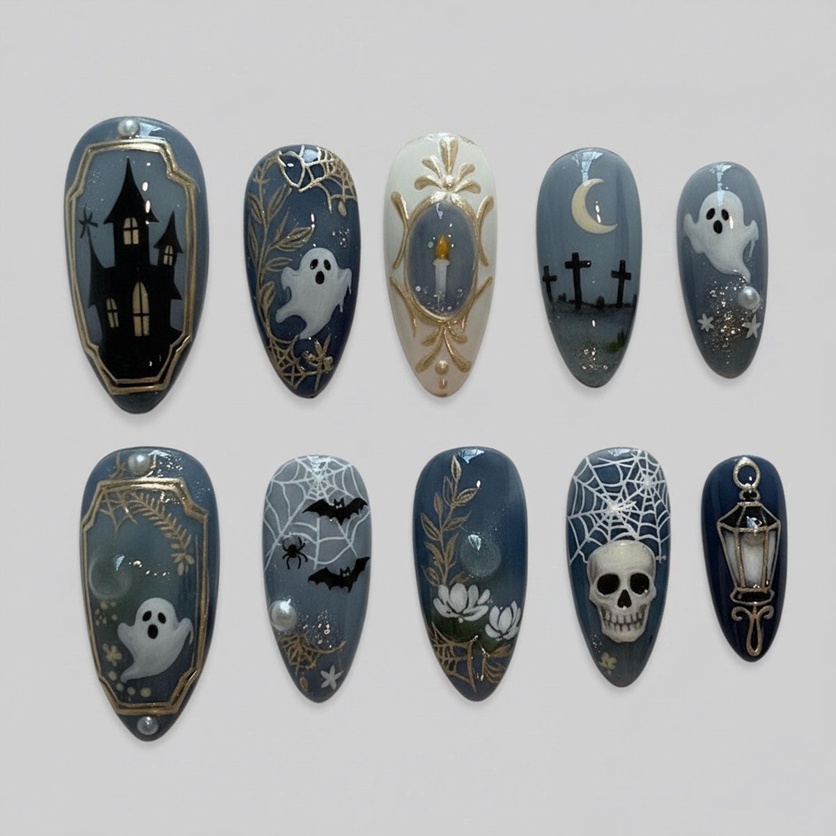Gothic Halloween Press On Nails with Haunted Houses, Ghosts and Gold Details