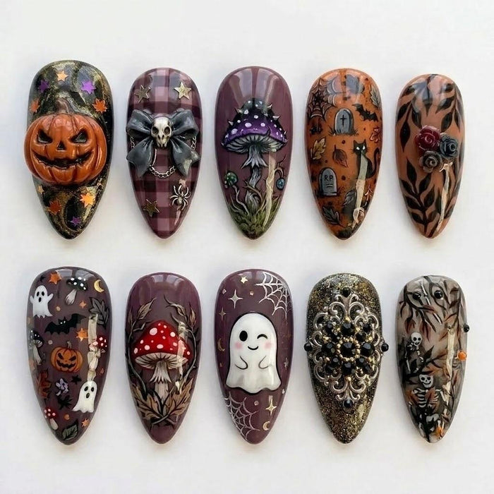 Gothic Halloween Press On Nails With Pumpkins, Mushrooms, Ghosts and Gold Details