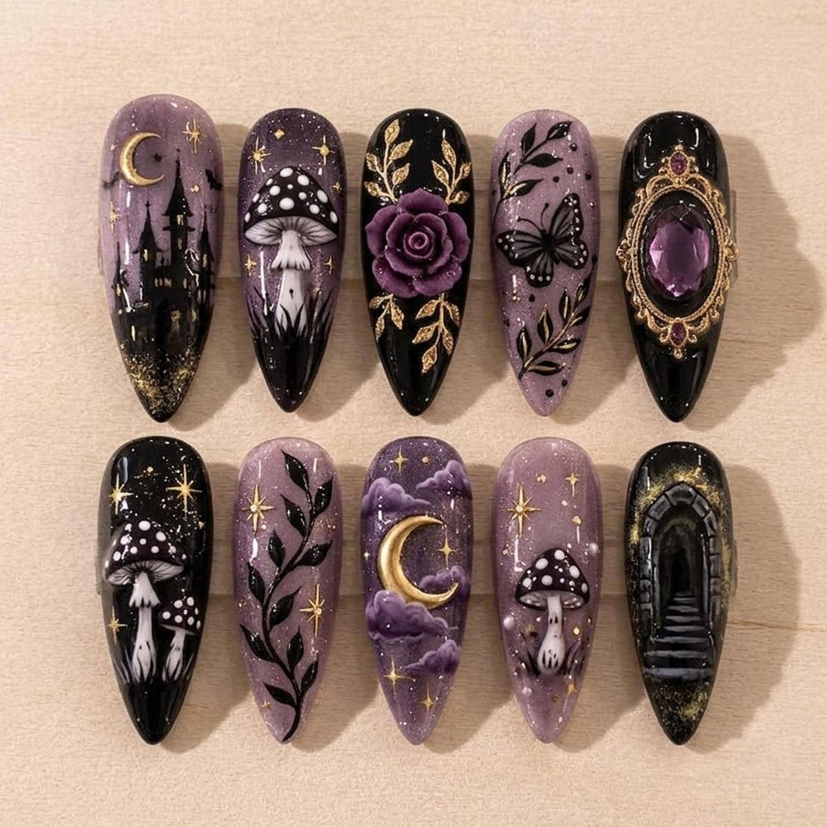 Gothic Halloween Press On Nails with Purple Mushrooms, Moons, Gold Stars and Rose Art