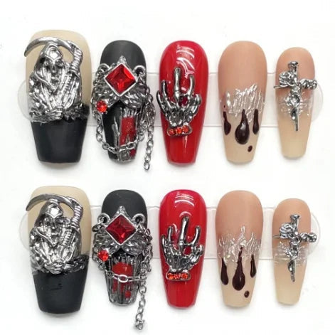 Gothic Halloween Press-On Nails with Skeleton Charms, Chains and Red Gems
