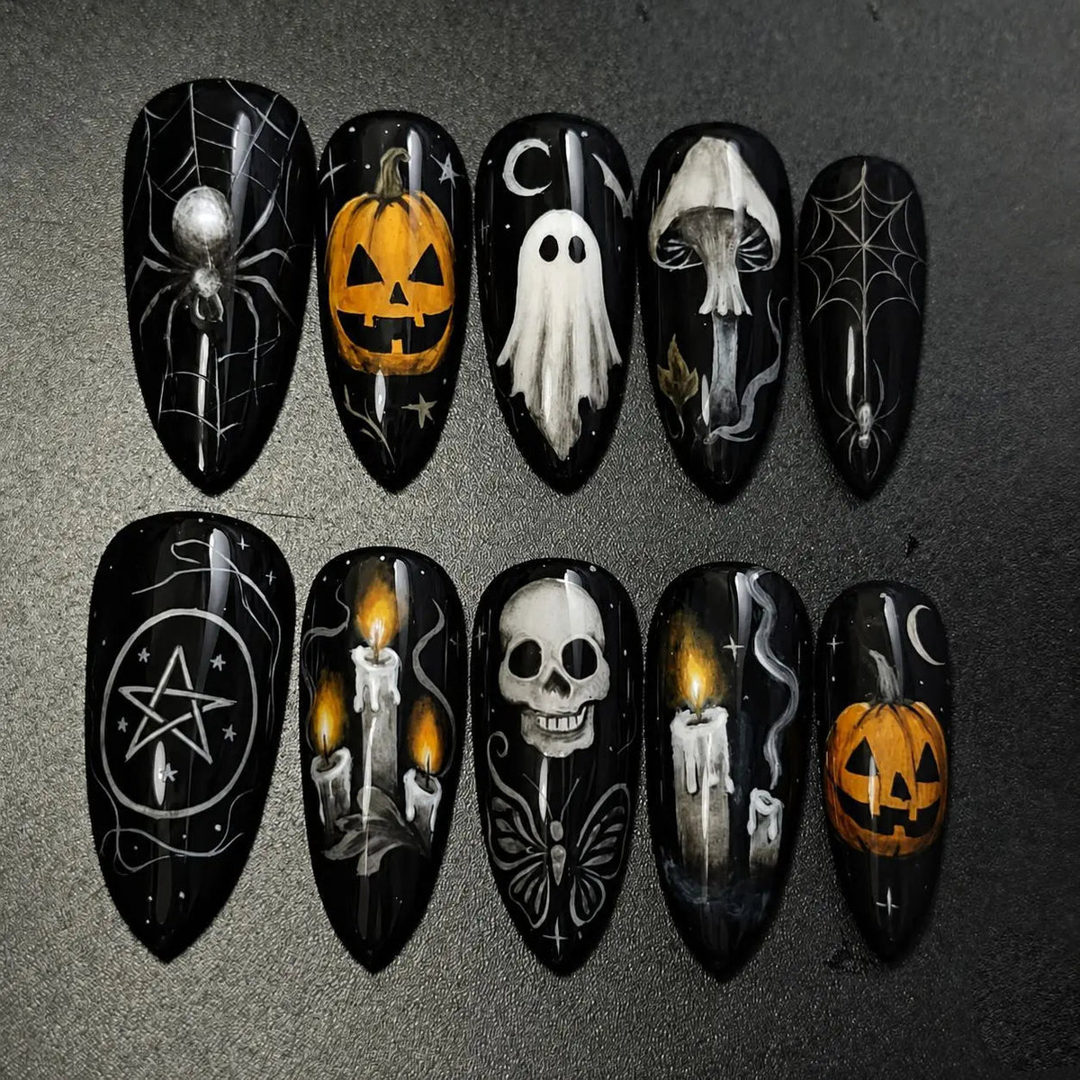 Gothic Halloween Press On Nails With Skulls, Pumpkins, Ghosts and Spiderwebs