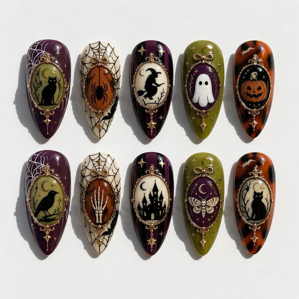 Gothic Halloween Press On Nails With Vintage Frames and Spooky Motifs