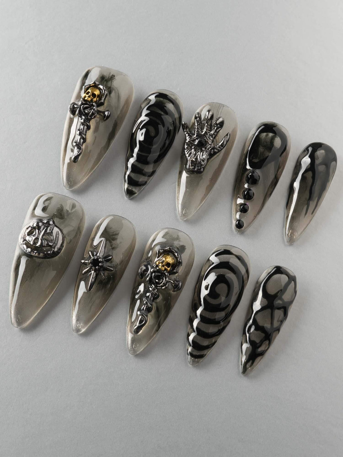 Gothic Halloween Skull and Spider Press-On Nails with Black, Silver-White Swirls and 3D Charms