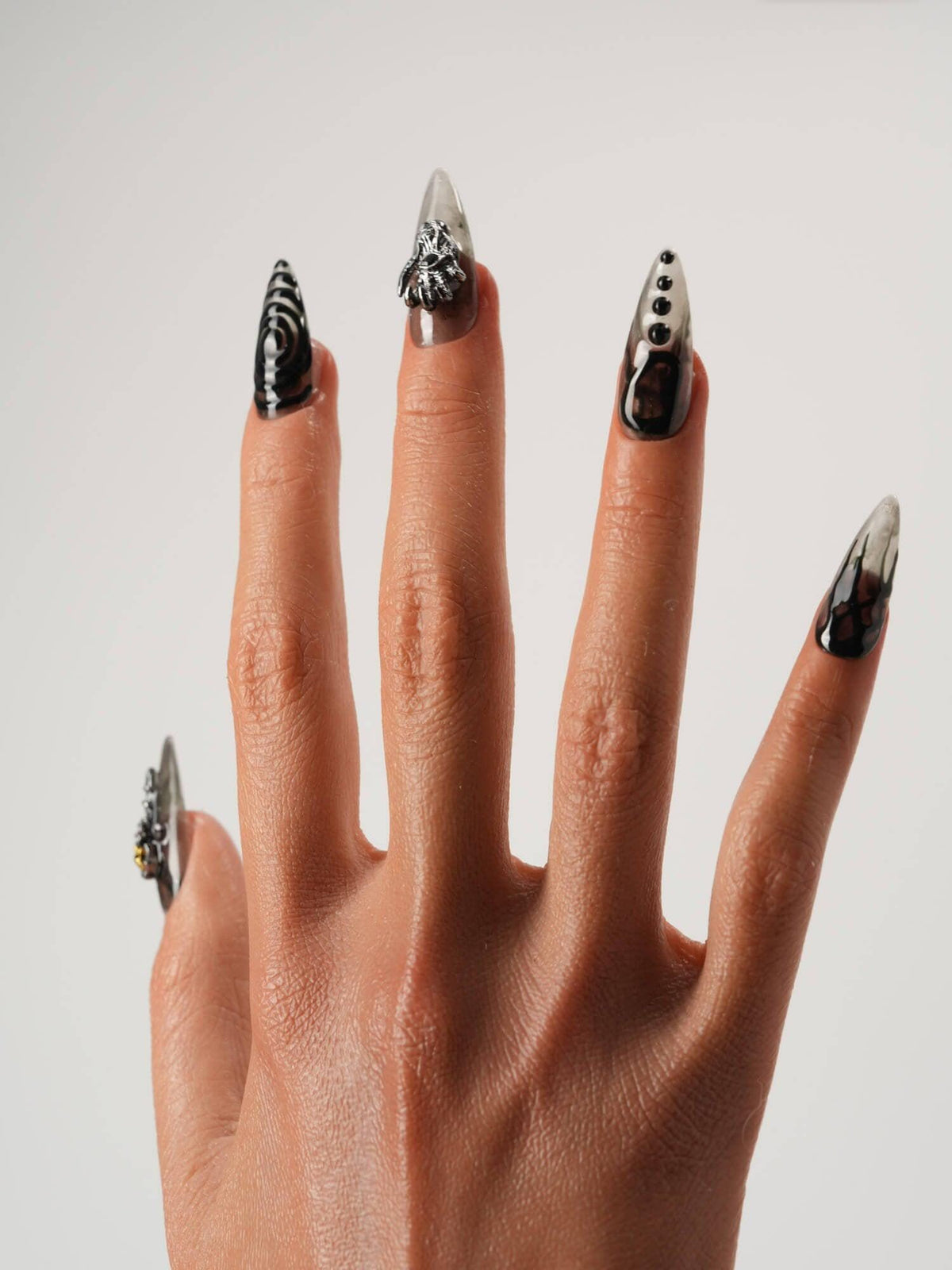Gothic Halloween Skull and Spider Press-On Nails with Black, Silver-White Swirls and 3D Charms