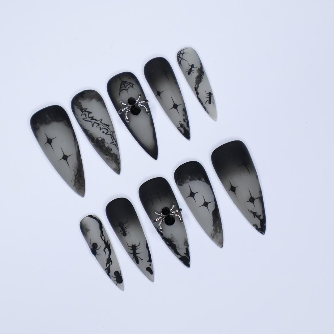 Gothic Halloween Spiderweb Nails in Smoky Gray and Black with 3D Spider Charms