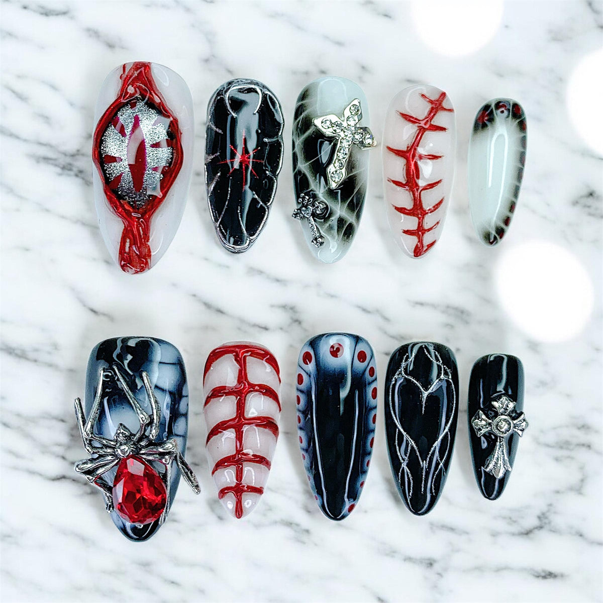 Gothic Halloween Spiderweb Press On Nails in Black, Red and White with Silver Charms