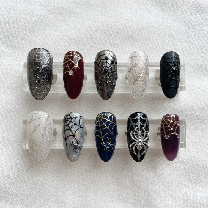 Gothic Halloween Spiderweb Press-On Nails in Black, Silver, Burgundy and Navy