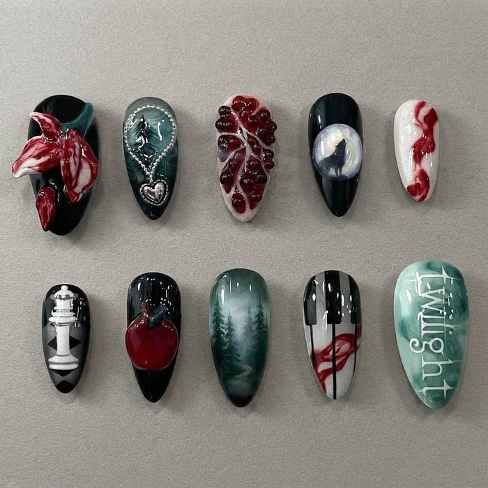 Gothic Halloween Twilight Fantasy Press On Nail Set With Red Apple, Forest, Piano Keys and 3D Details