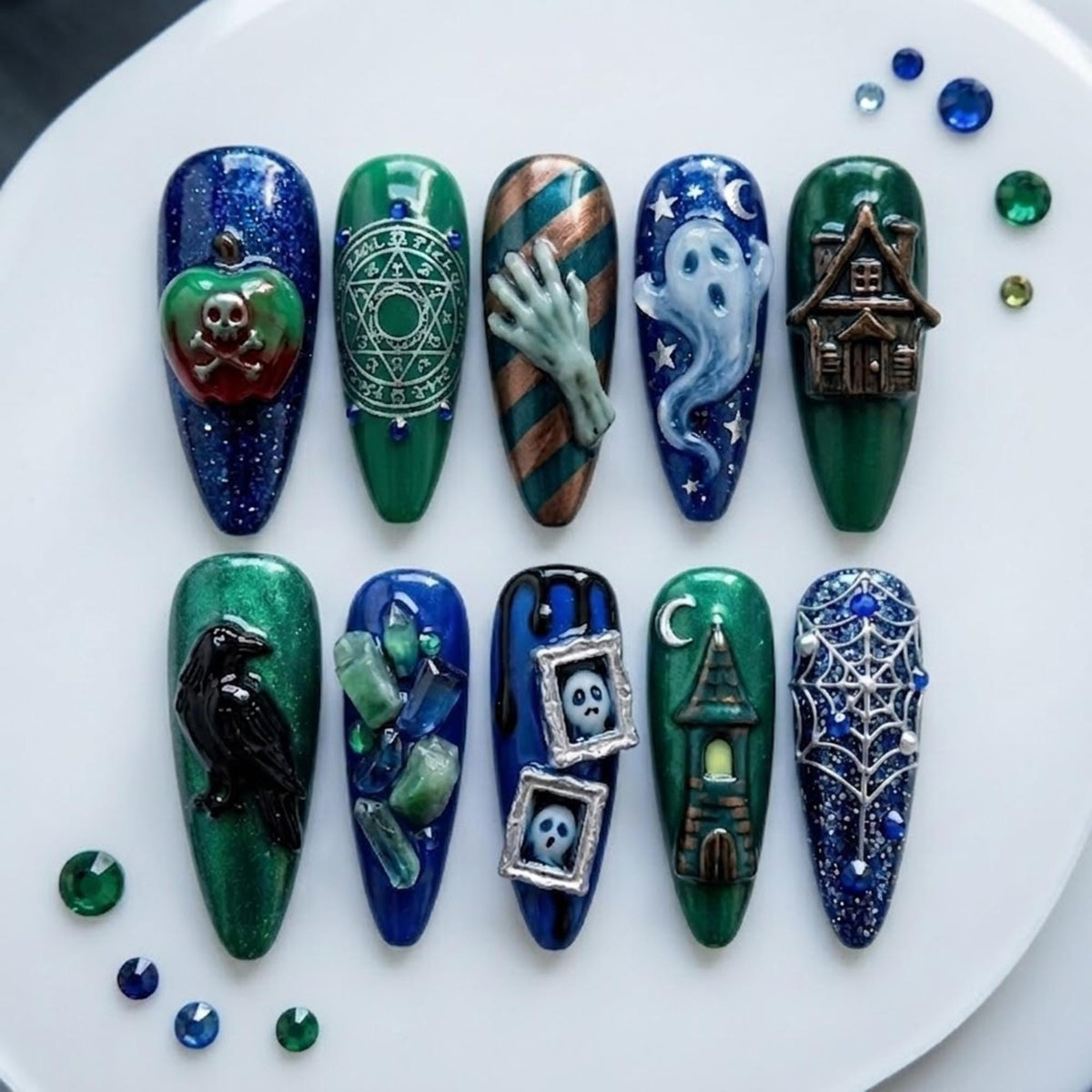 Gothic Haunted House Press-On Nails With Ghosts, Skulls & Spiderwebs