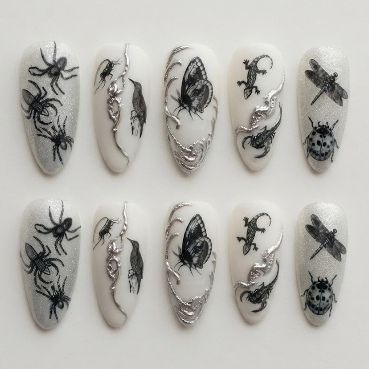 Gothic Insect Press On Nails With Pearly White Shimmer and Silver Sculptural Accents