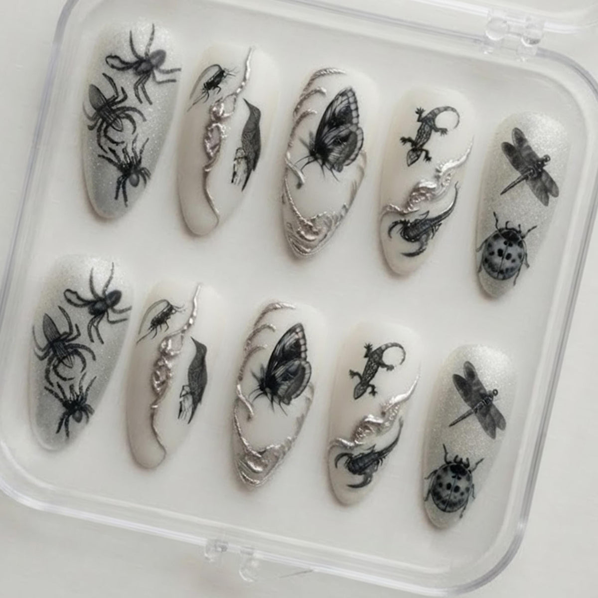 Gothic Insect Press On Nails With Pearly White Shimmer and Silver Sculptural Accents