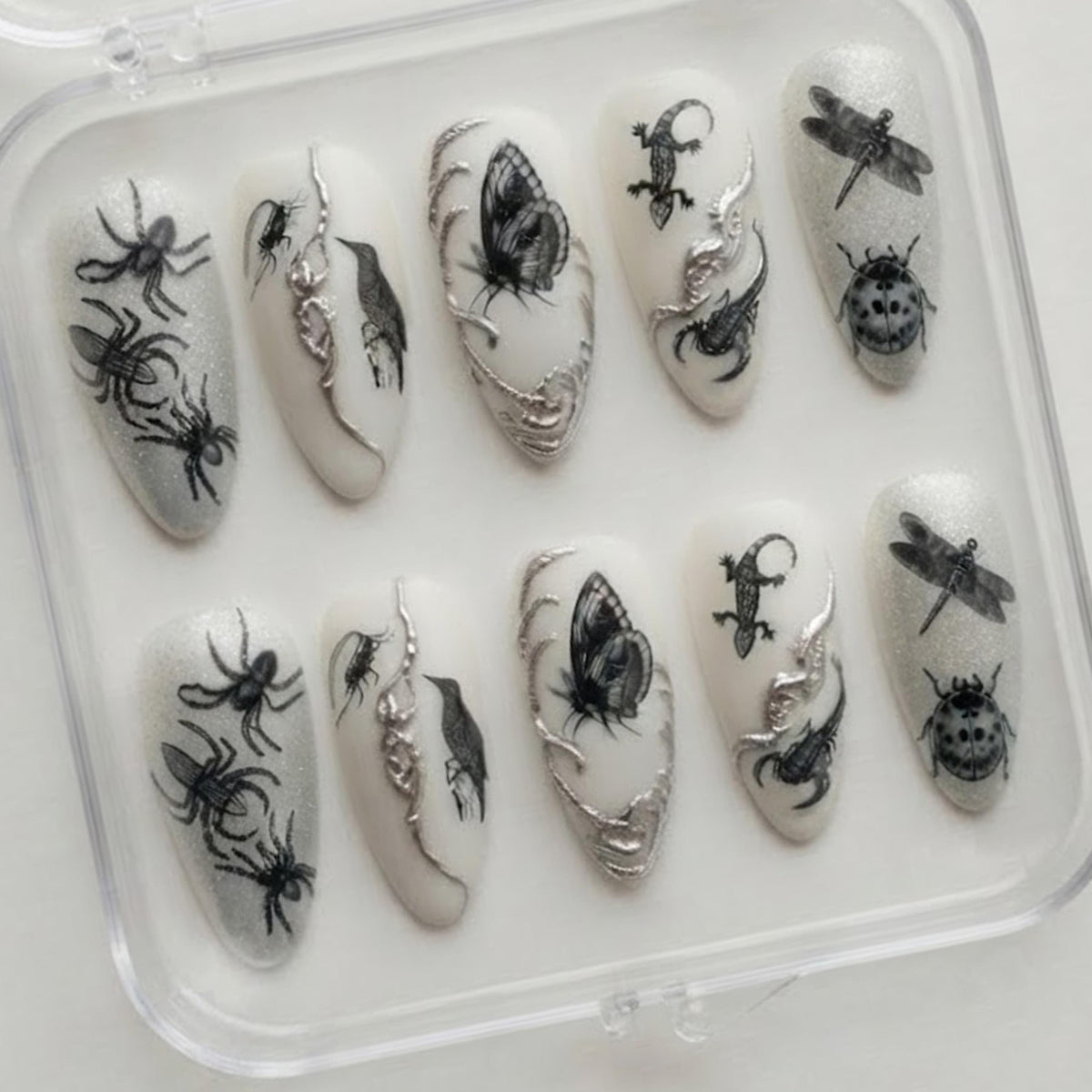 Gothic Insect Press On Nails With Pearly White Shimmer and Silver Sculptural Accents