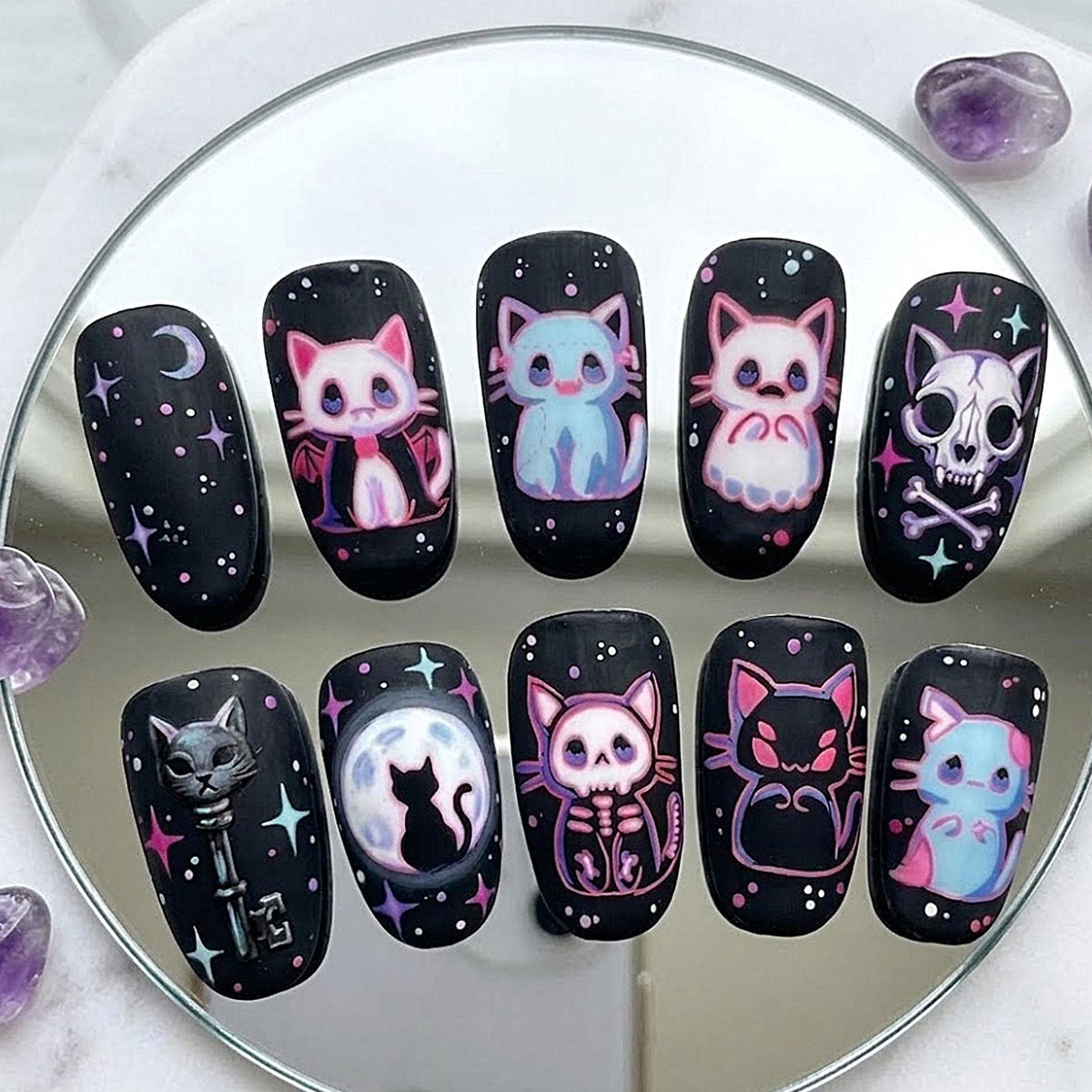 Gothic Kawaii Cat and Skeleton Cat Halloween Galaxy Press On Nails