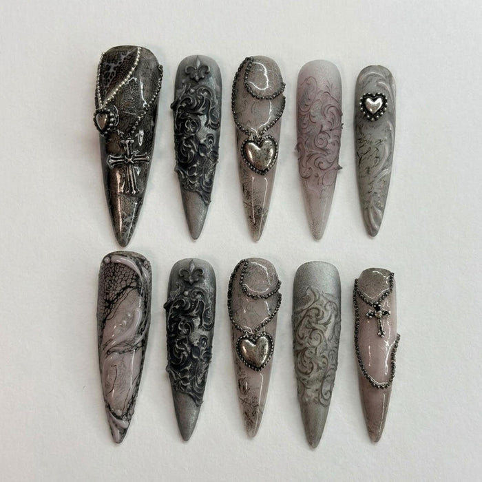 Gothic Lace Press On Nails With Baroque Flourishes and Silver Charms