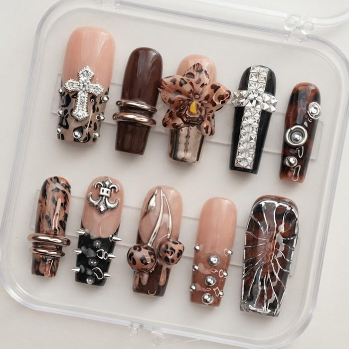 Gothic Leopard Print Press On Nail Set with Silver Cross Charms and 3D Flower