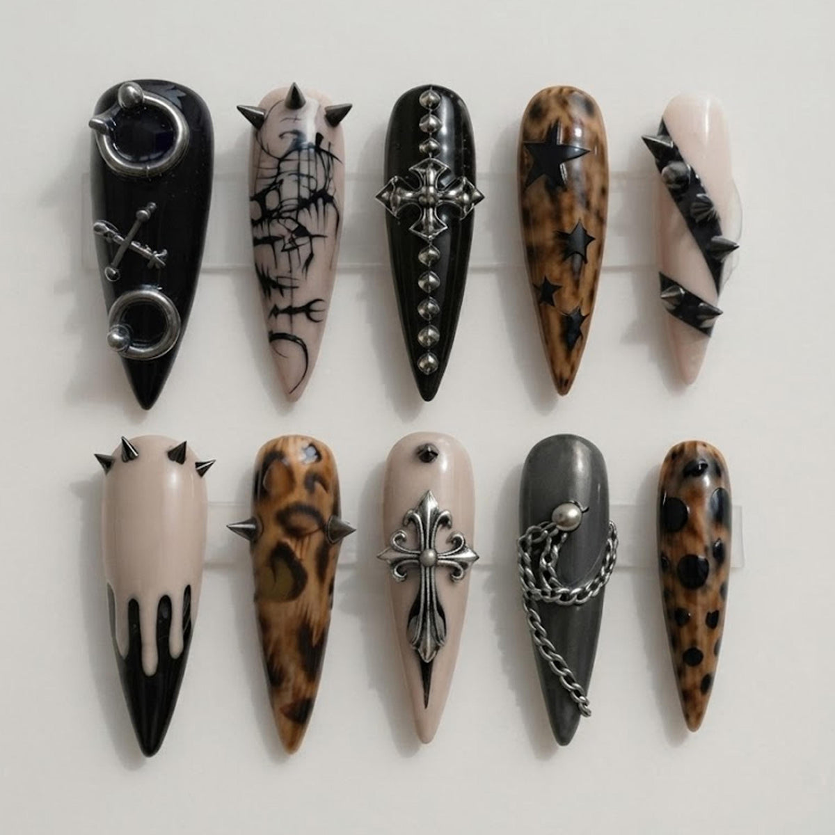 Gothic Leopard Print Nails With Silver Chains, Crosses and Spikes