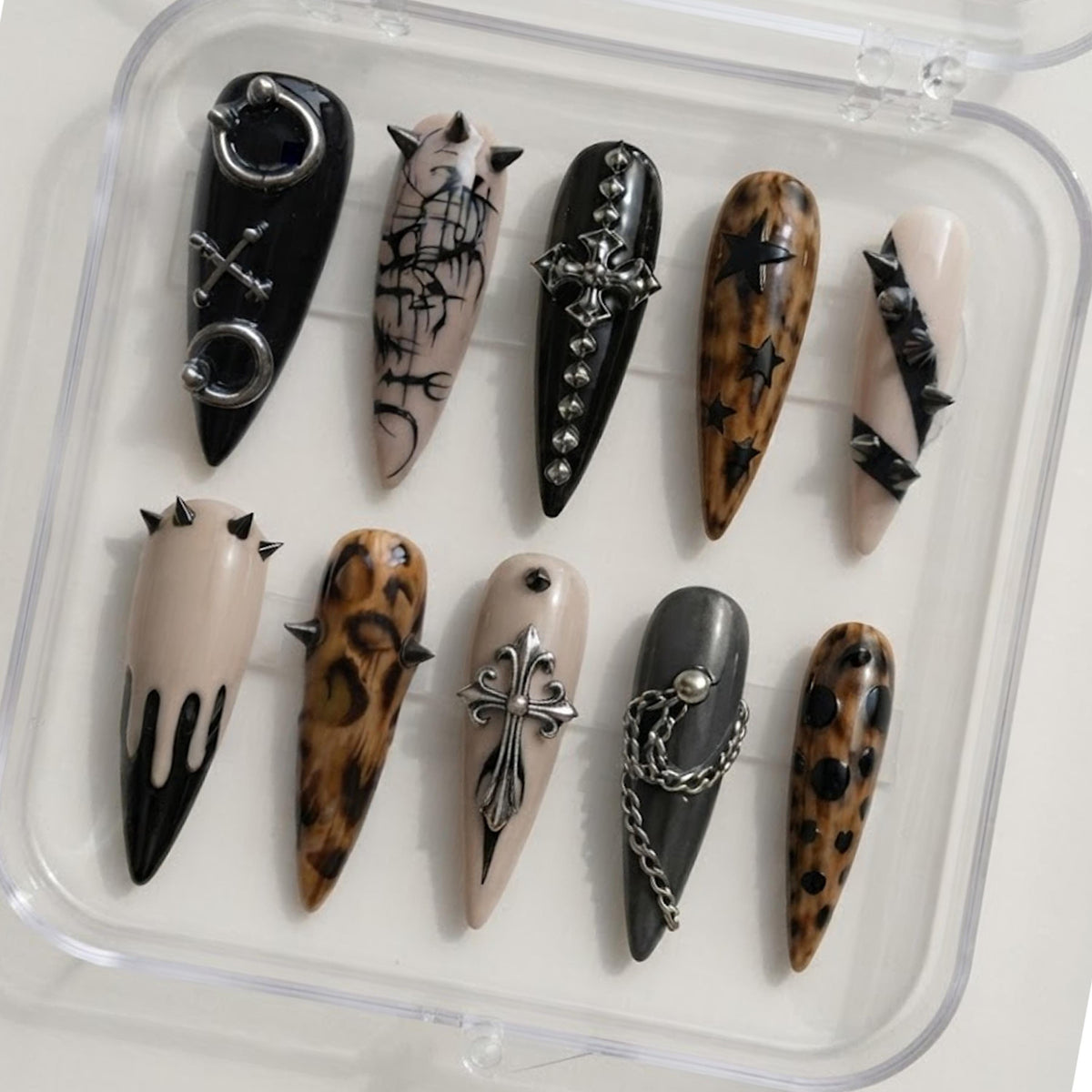 Gothic Leopard Print Nails With Silver Chains, Crosses and Spikes