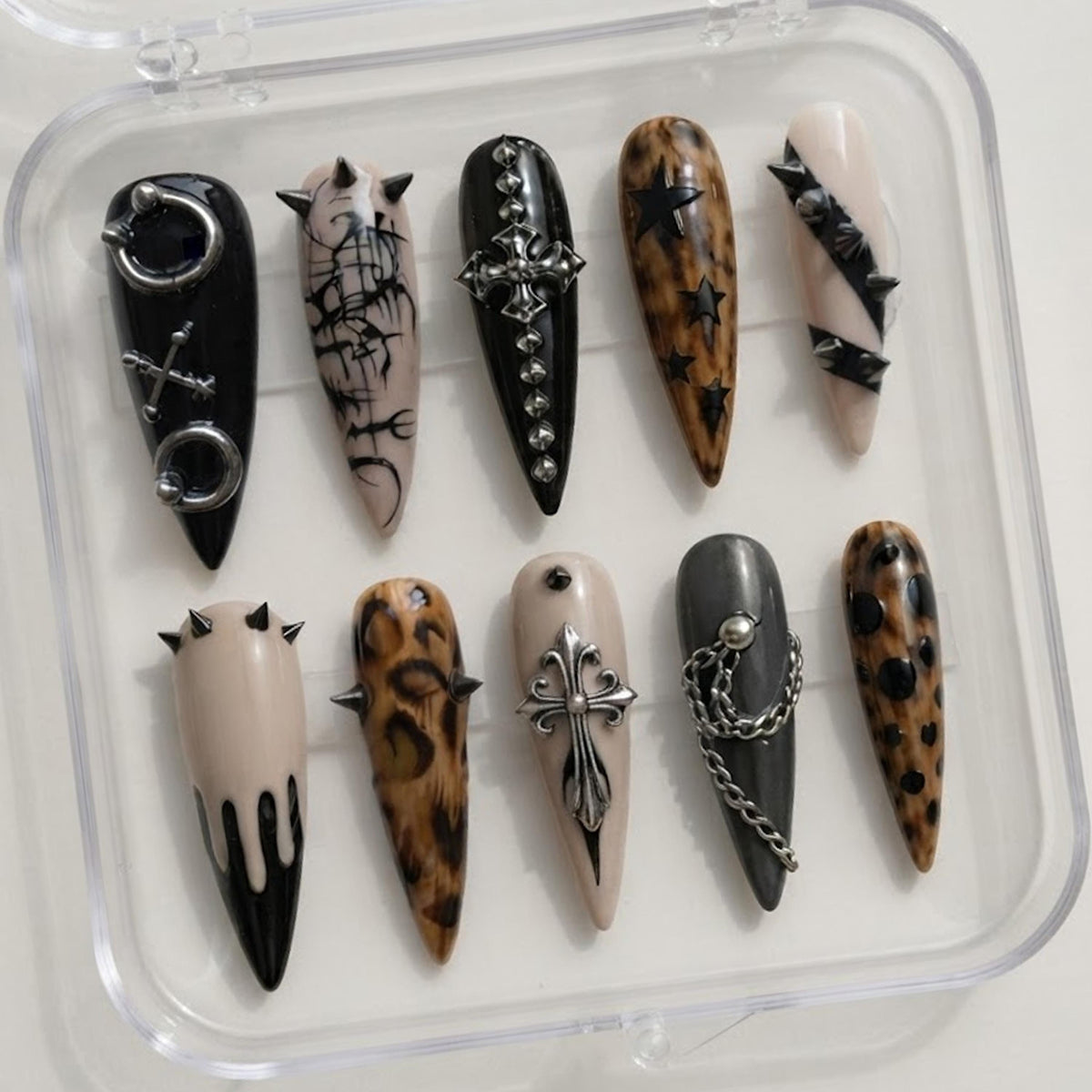 Gothic Leopard Print Nails With Silver Chains, Crosses and Spikes
