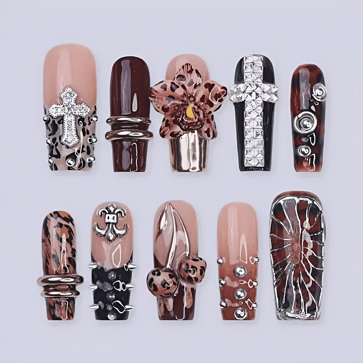 Gothic Leopard Print Press-On Nails With Cross Charms and 3D Flower