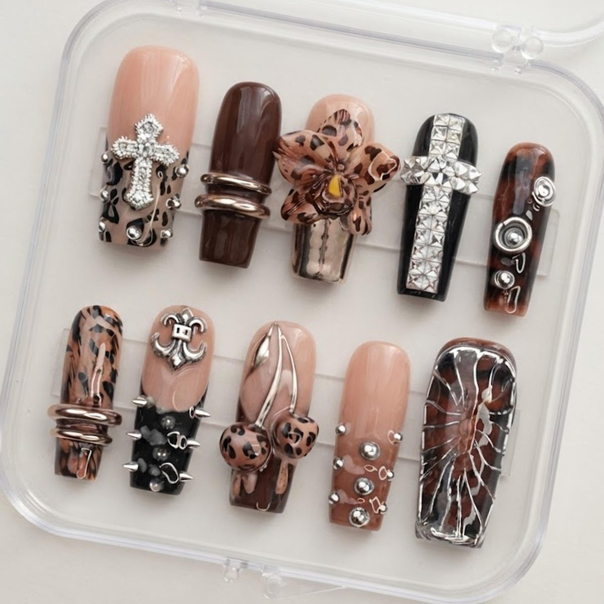 Gothic Leopard Print Press-On Nails With Cross Charms and 3D Flower