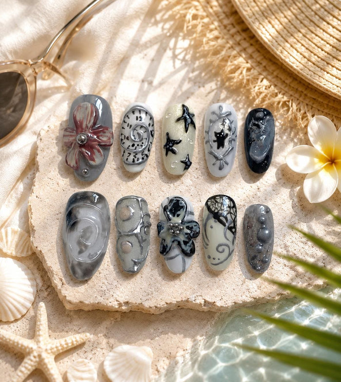 Gothic Marble Floral Press On Nail Set With 3D Accents