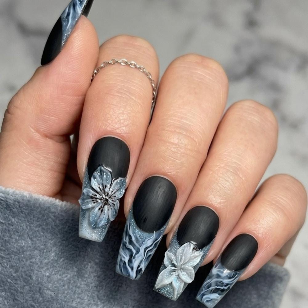 Gothic Matte Black Nails With Icy Blue Marble French Tips and Sculpted Flowers