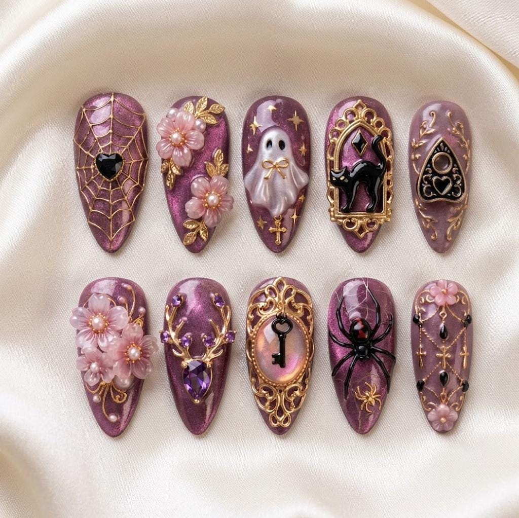 Gothic Mauve and Purple Press-On Nails with Gold Filigree, Spiders, Ghost, Cat, and Key
