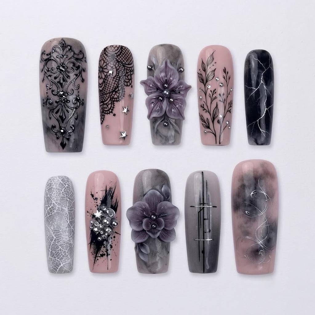 Gothic Mauve and Smoky Gray Nail Set With 3D Flowers, Lace, and Rhinestones